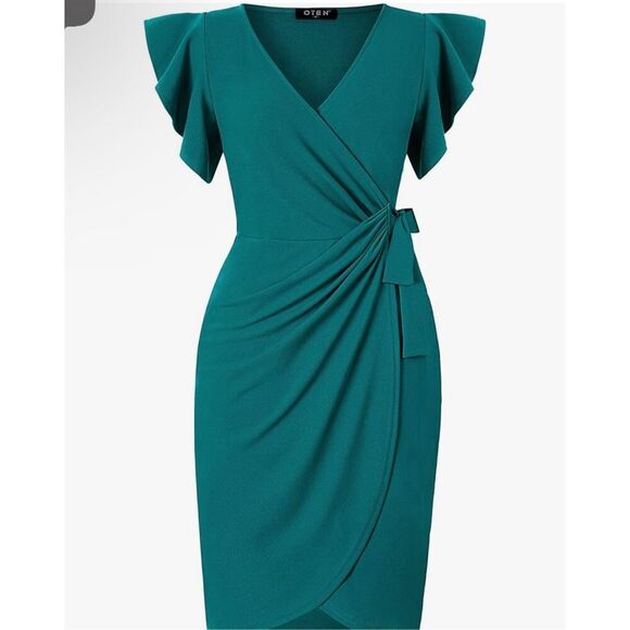 NEW Deep V Neck Sleeve Sheath Formal Slit Pencil Dress L - Picture 1 of 5